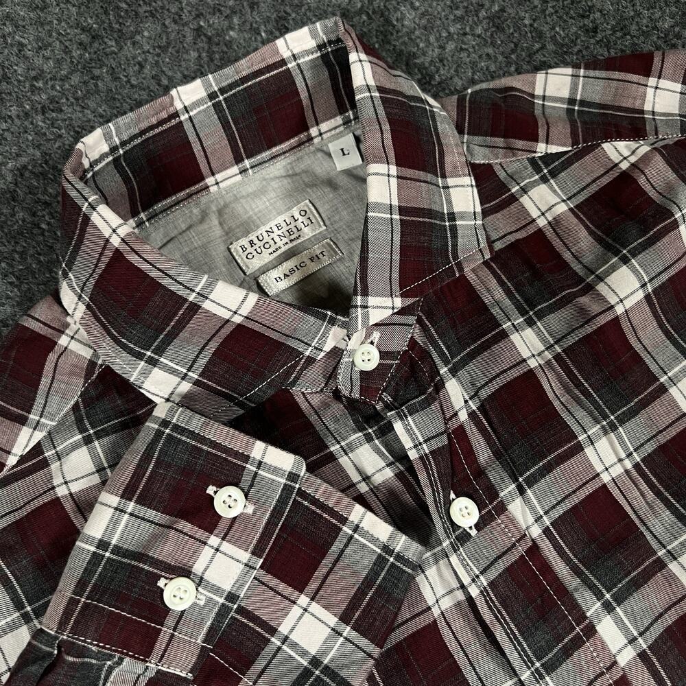 BRUNELLO CUCINELLI Men’s 100% Cotton Button Up Red Check Shirt Size L Basic Fit